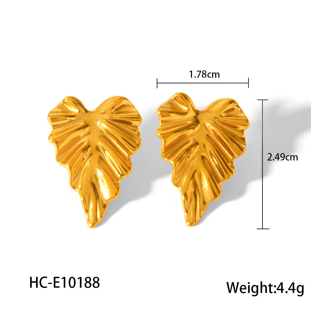 18k Gold-plated Stainless Steel Leaf Earrings with Pleated Titanium Steel Earrings, Fashionable and Personalized Earrings