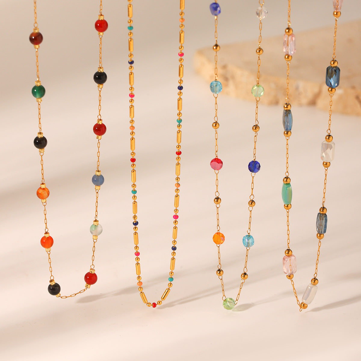 Dopamine Necklace Adorned with Colorful Beaded Stainless Steel, Featuring A Natural Stone Bead Clavicle Chain Design for Women