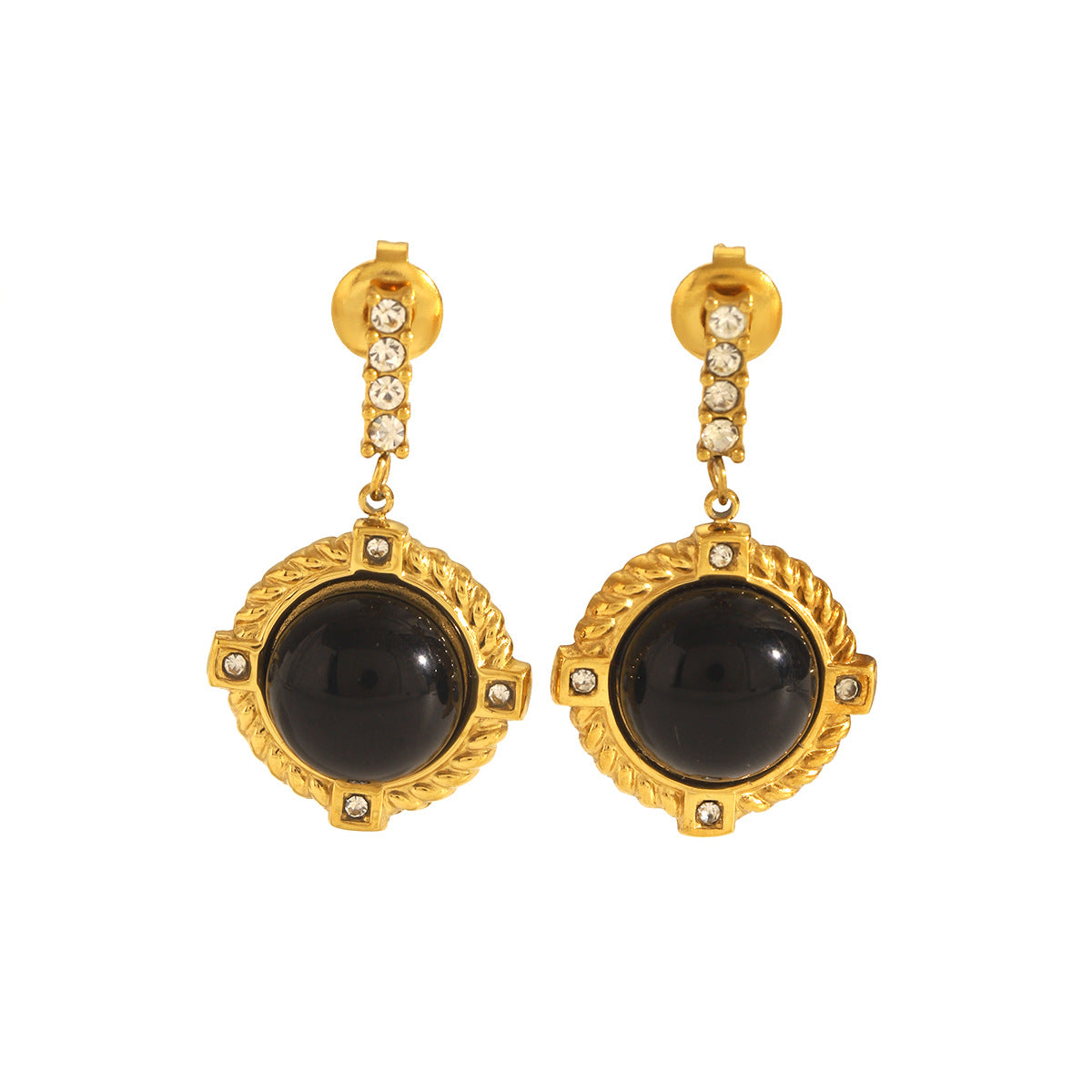 French Retro Style Obsidian 18k Gold Stainless Steel Earrings with Diamond Studded Earrings, Stylish and Elegant Earrings for Women