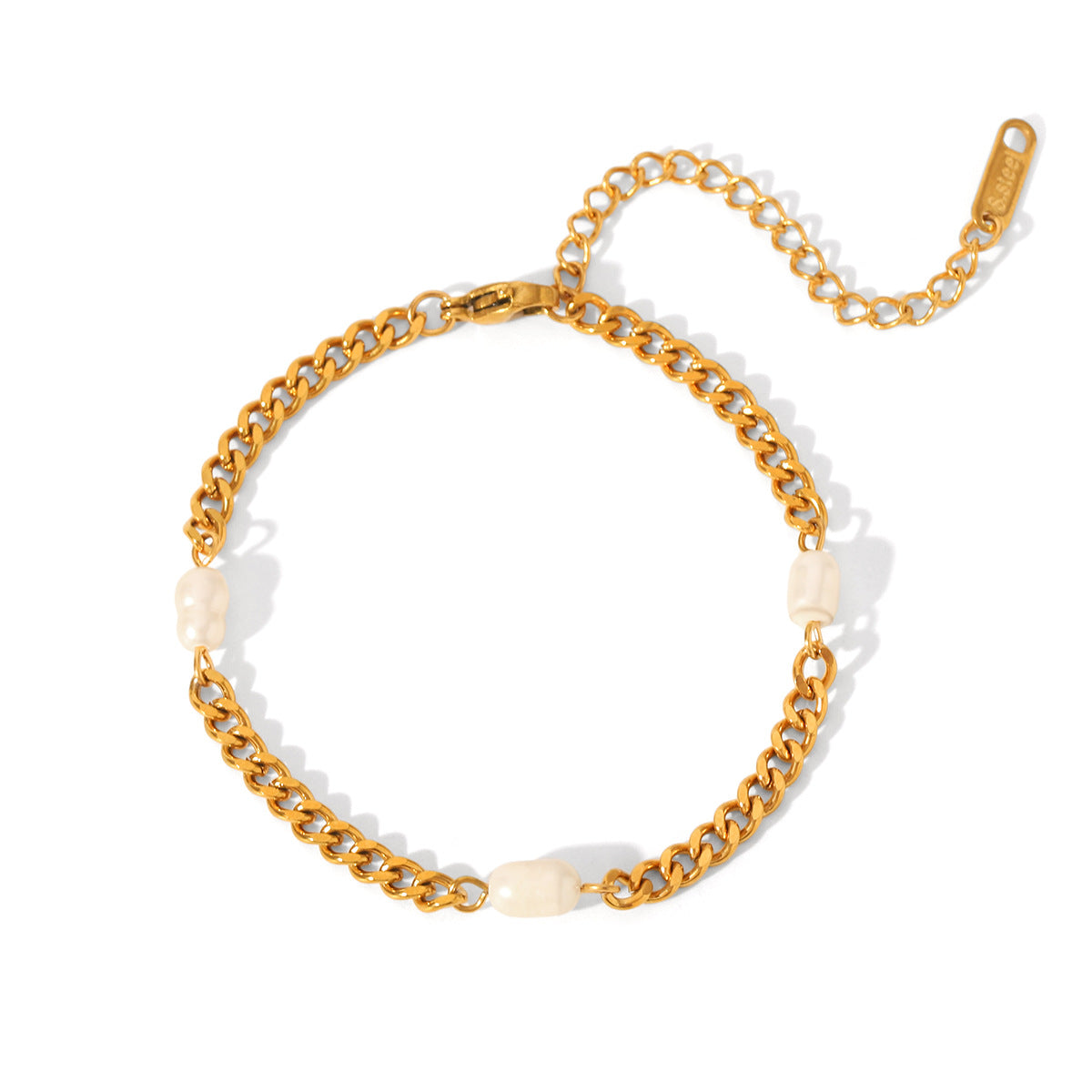 18K Gold Stainless Steel Cuban Chain Freshwater Pearl Bracelet for Women, Ins-inspired Elegant Jewelry, Titanium Steel Accessory