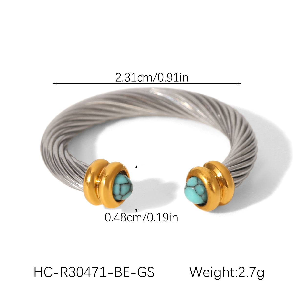 Color-blocked Stainless Steel Spiral Pattern Open Ring Inlaid with Malachite, Turquoise, Tiger's Eye, Titanium Steel Finger Ring for Women