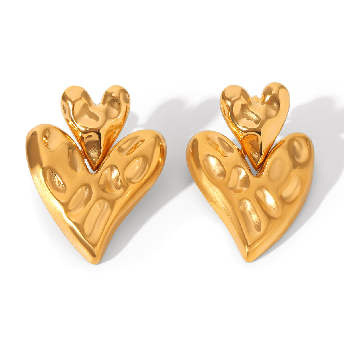 18K Gold Stainless Steel Hammered Pattern Heart-shaped Earrings, Light Luxury and High-end Feel, Heart-shaped Titanium Steel Earrings