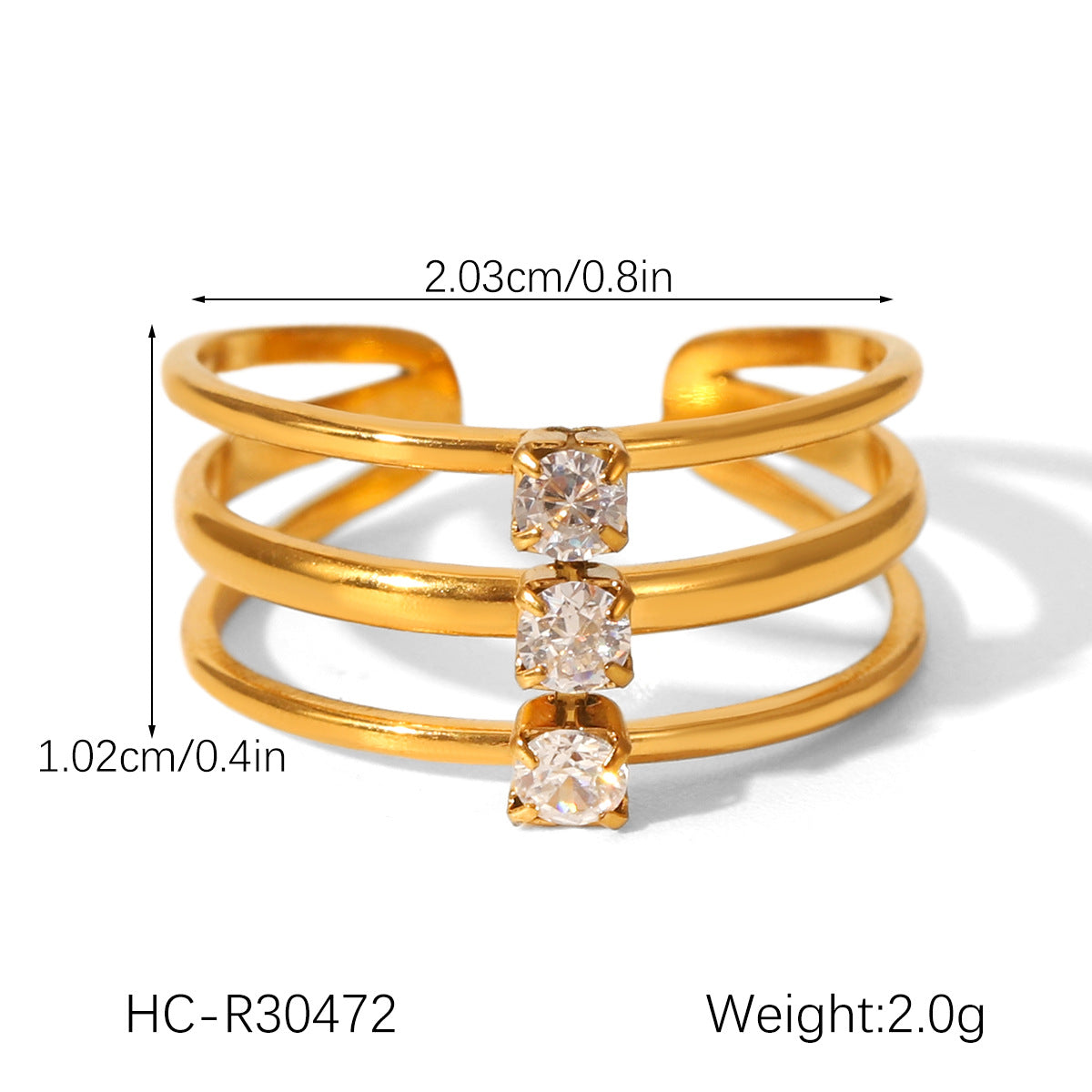 INS Style Three-layer Stainless Steel Ring with Zircon Inlay, Light Luxury and Versatile Titanium Steel Open Ring