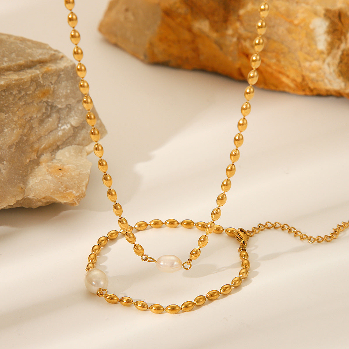 French natural freshwater pearl oval gold bean necklace stainless steel bracelet titanium steel jewelry