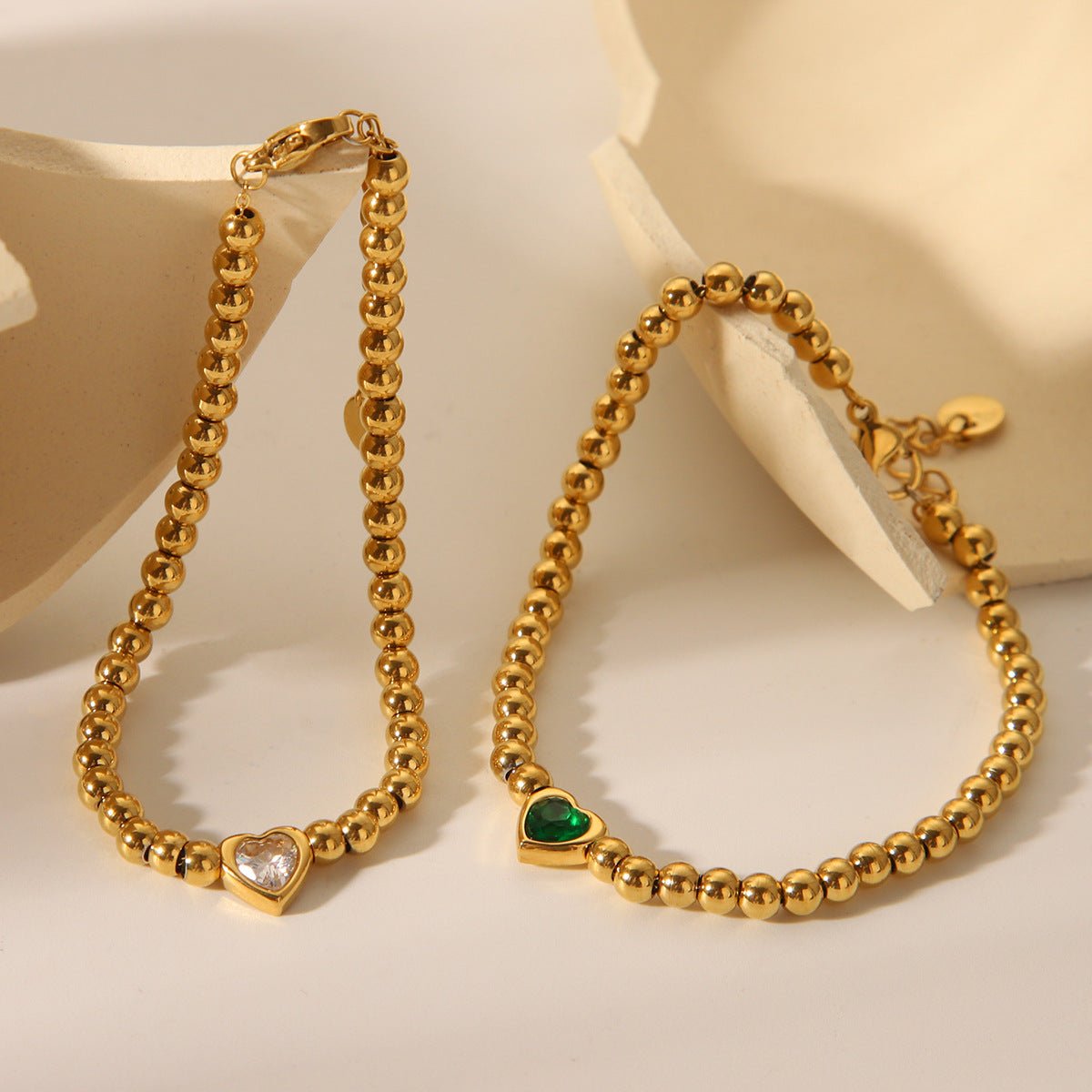 INS-style Beaded Design, 18K Gold Stainless Steel Heart-shaped Bracelet for Women, Fashionable and Personalized, Versatile Titanium Steel Jewelry