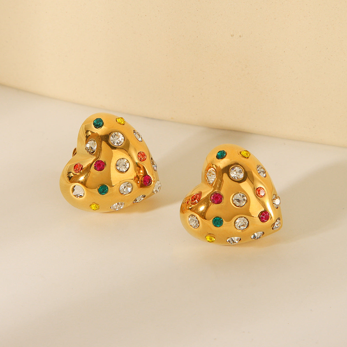 18K Gold Stainless Steel Heart-shaped Earrings for Women, Featuring A Premium Feel, Chubby Design, Titanium Steel Earrings Studs, and Colored Diamond Earrings
