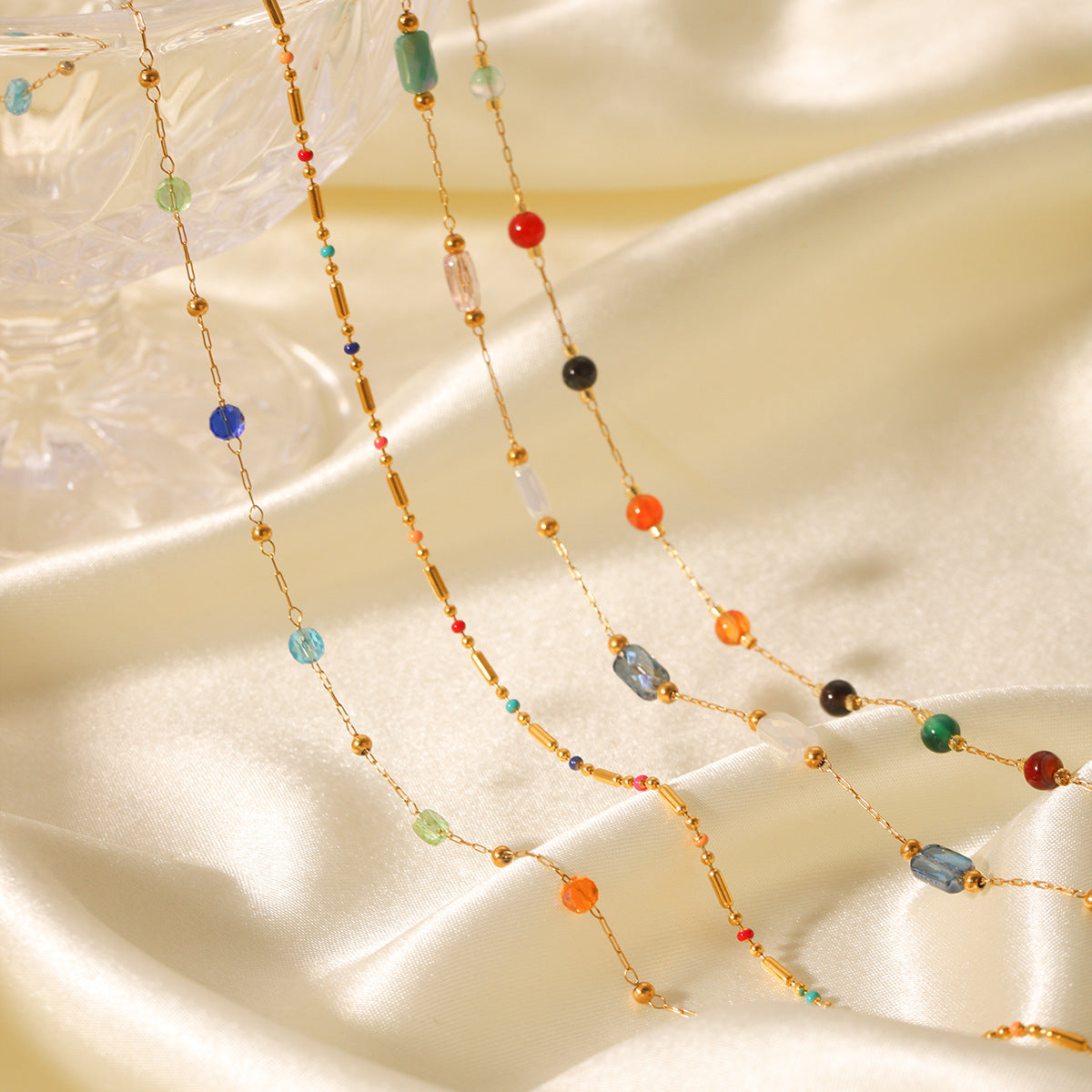 Dopamine Necklace Adorned with Colorful Beaded Stainless Steel, Featuring A Natural Stone Bead Clavicle Chain Design for Women