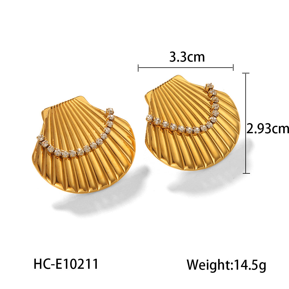 Marine titanium steel earrings, 18k gold-plated stainless steel scallop earrings, women's fashion diamond-encrusted earrings