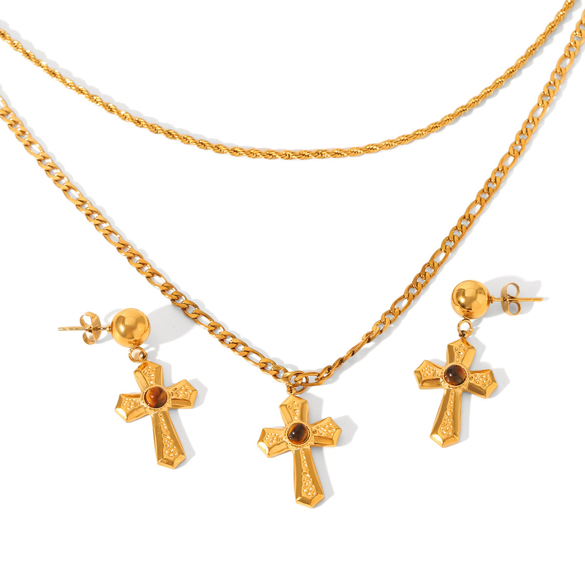 French Stainless Steel Figaro Chain Fried Dough Twists Chain Double-layer Necklace Cross Pendant with Tiger's Eye Stone Turquoise Earrings