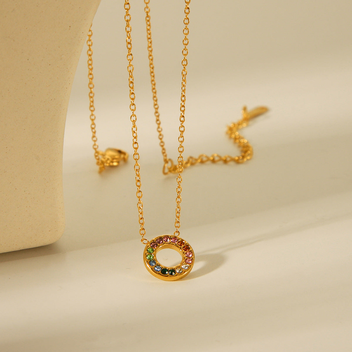 New Product: 18K Gold Stainless Steel Necklace with Colorful Zircon Inlay, High-end Titanium Steel Necklace Accessory