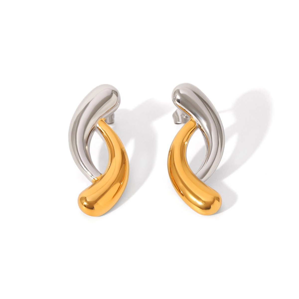 Stainless Steel Earrings, Gold and Silver Color-block, Glossy Geometric Texture, Stud Earrings, Sun-shaped Five-pointed Star Earrings for Women