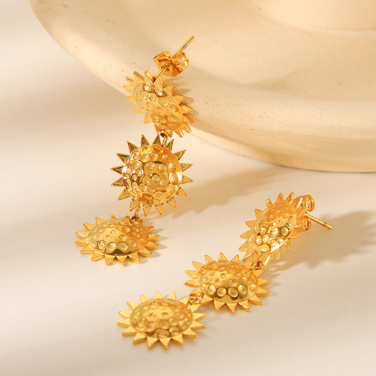 Personalized Trendy 18k Gold Stainless Steel Hammered Sunflower Pendant Earrings, High-end Ear Jewelry