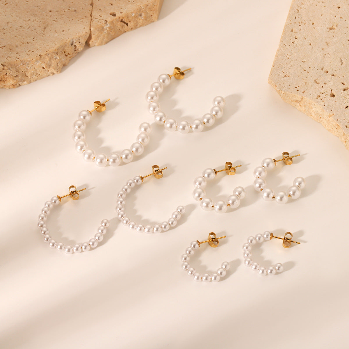 Stainless Steel C-shaped Pearl Earrings for Women, Vintage Style, Millet Pearl Earrings, High-end Earrings