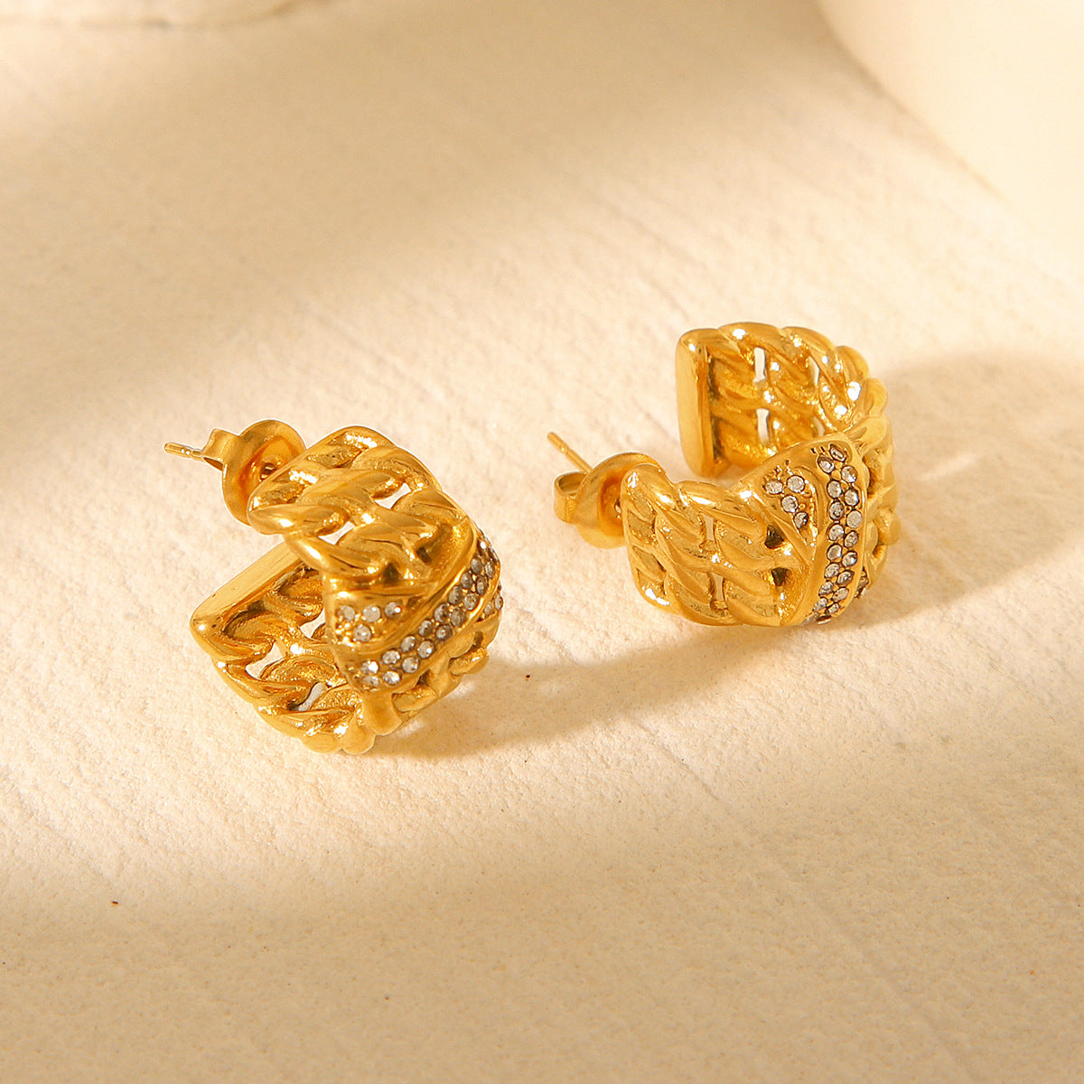 18k Gold Stainless Steel Earrings with Multi-layer Chain Splicing and Diamond Studded Design, C-shaped Titanium Steel Earrings
