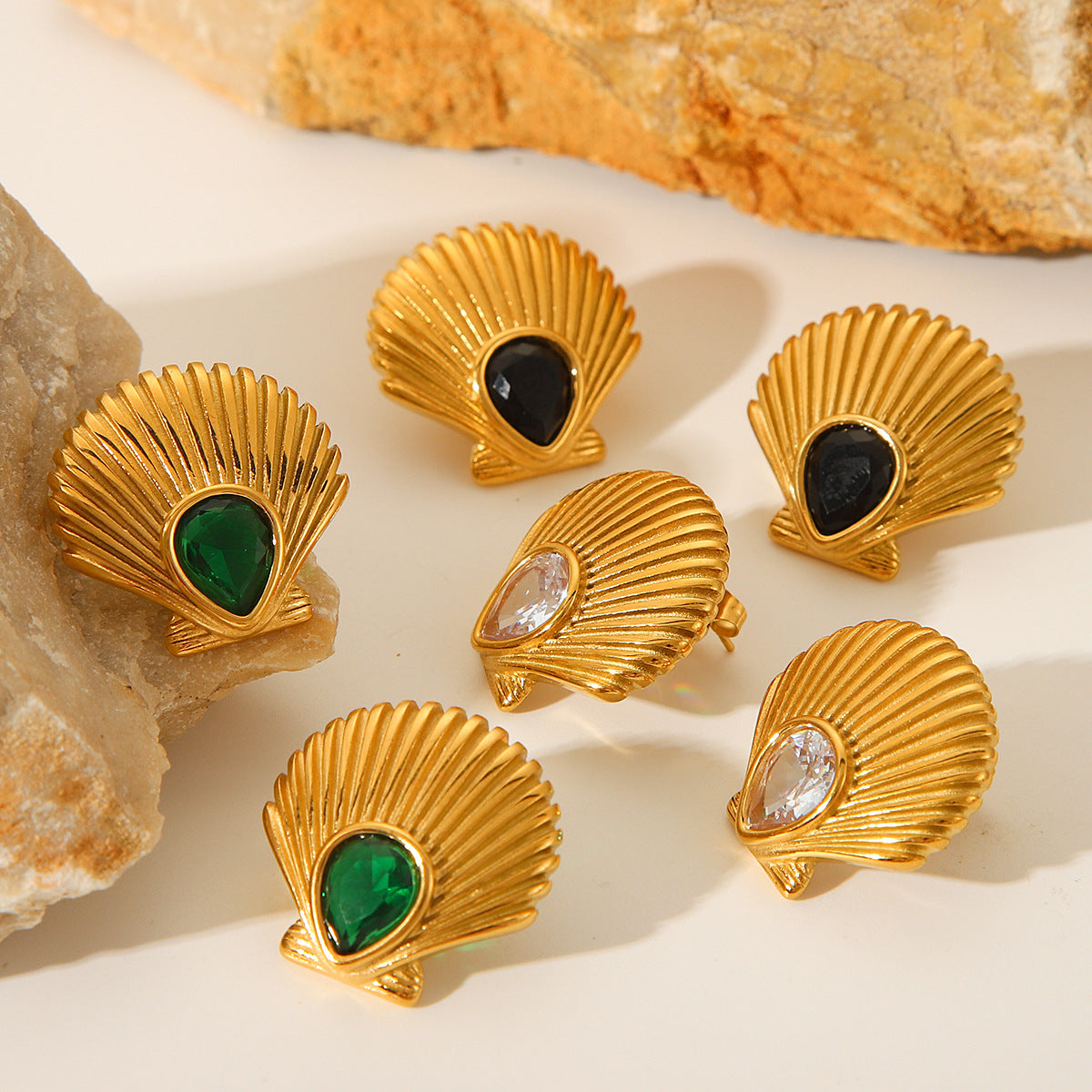 18K Gold Stainless Steel Scallop Earrings with Zircon, Women's Light Luxury, Easy-matching Earrings, Marine Titanium Steel Earrings