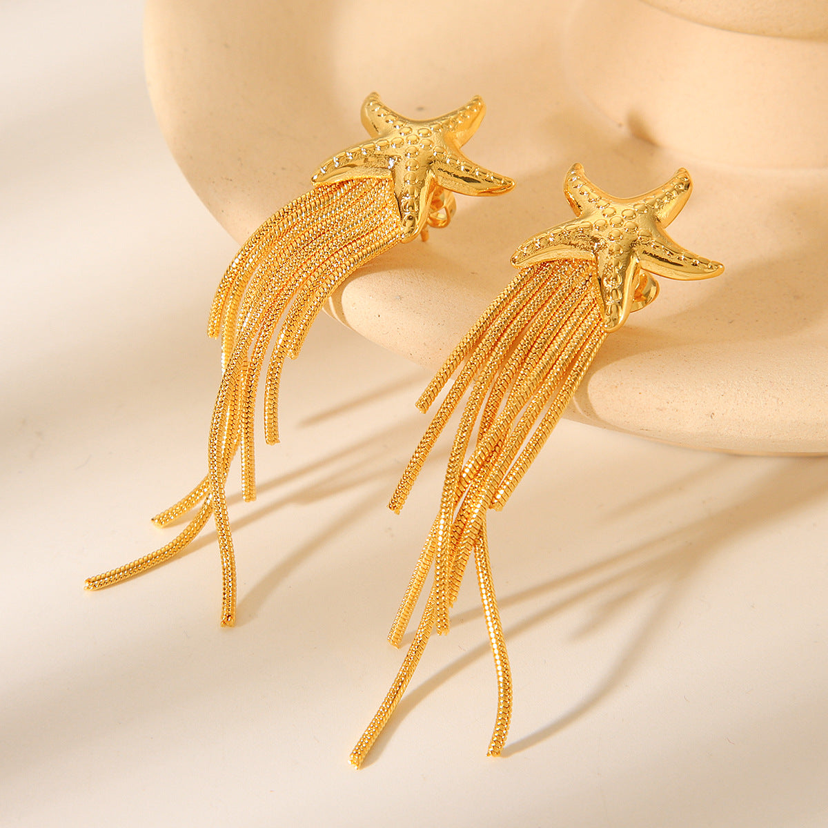18k Gold Stainless Steel Starfish Earrings with Chain and Tassel, Fashionable and Versatile Titanium Steel Earrings