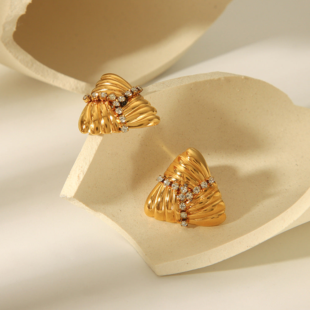 Fashionable Trendy 18k Gold Stainless Steel Earrings with A Woven Texture Design, Diamond-encrusted Earrings Studs, and Titanium Steel Earrings