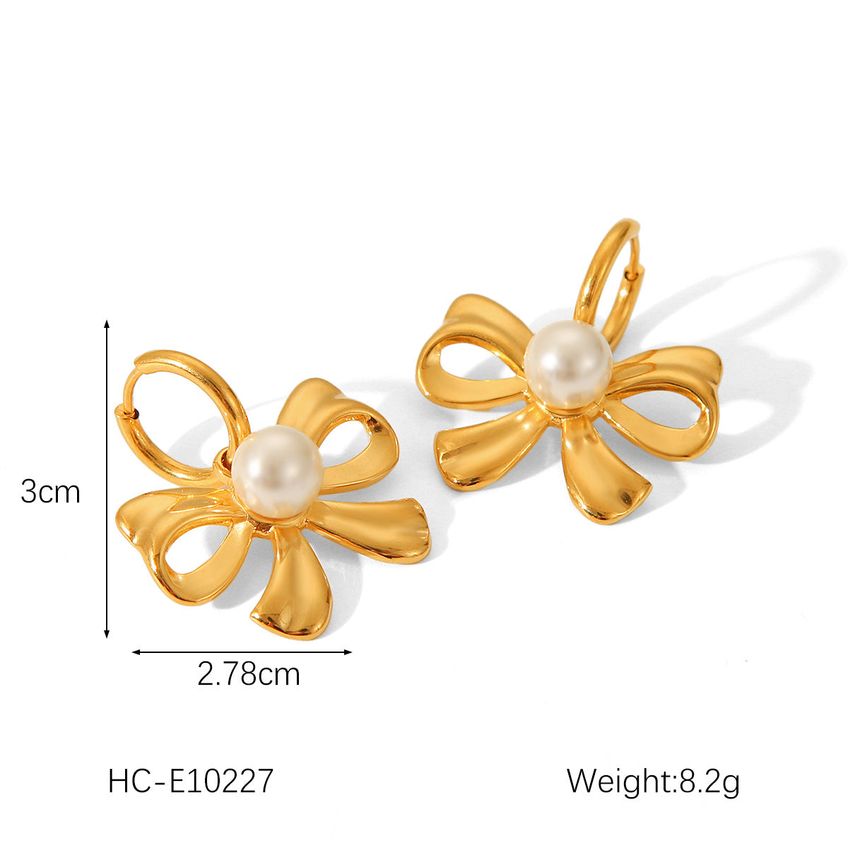 INS-style Titanium Steel Bowknot Earrings, 18K Gold Stainless Steel Butterfly Pearl Earrings, High-end Ear Jewelry