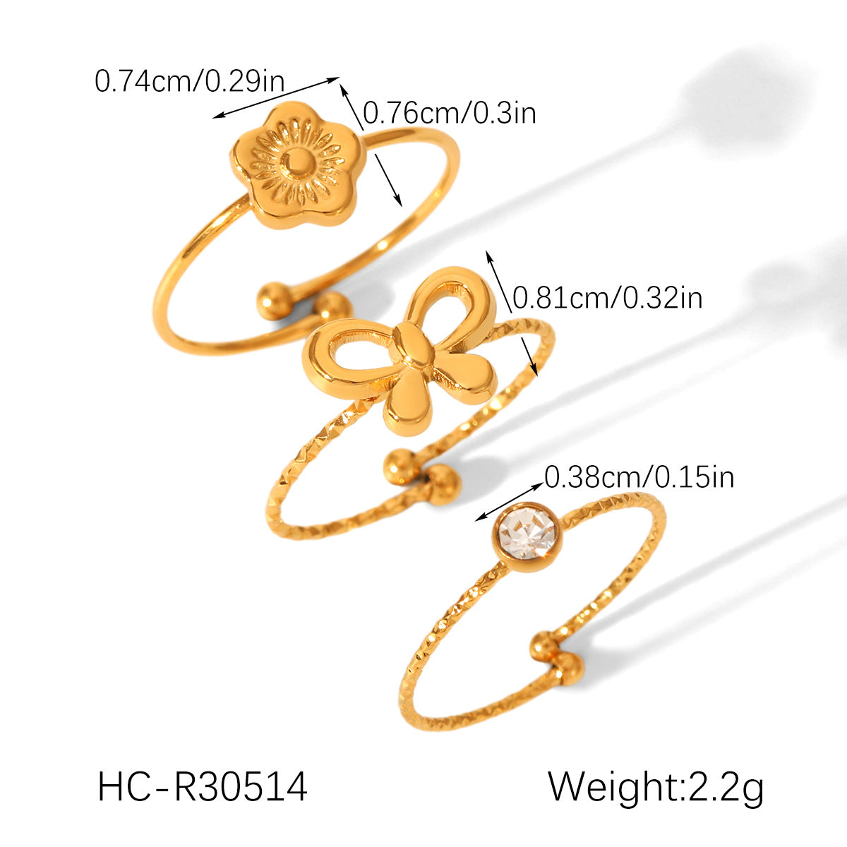 18K Gold-plated Stainless Steel Bowknot Flower-shaped Open Ring Set, Ins-style Zircon Ring for Women, Non-fading