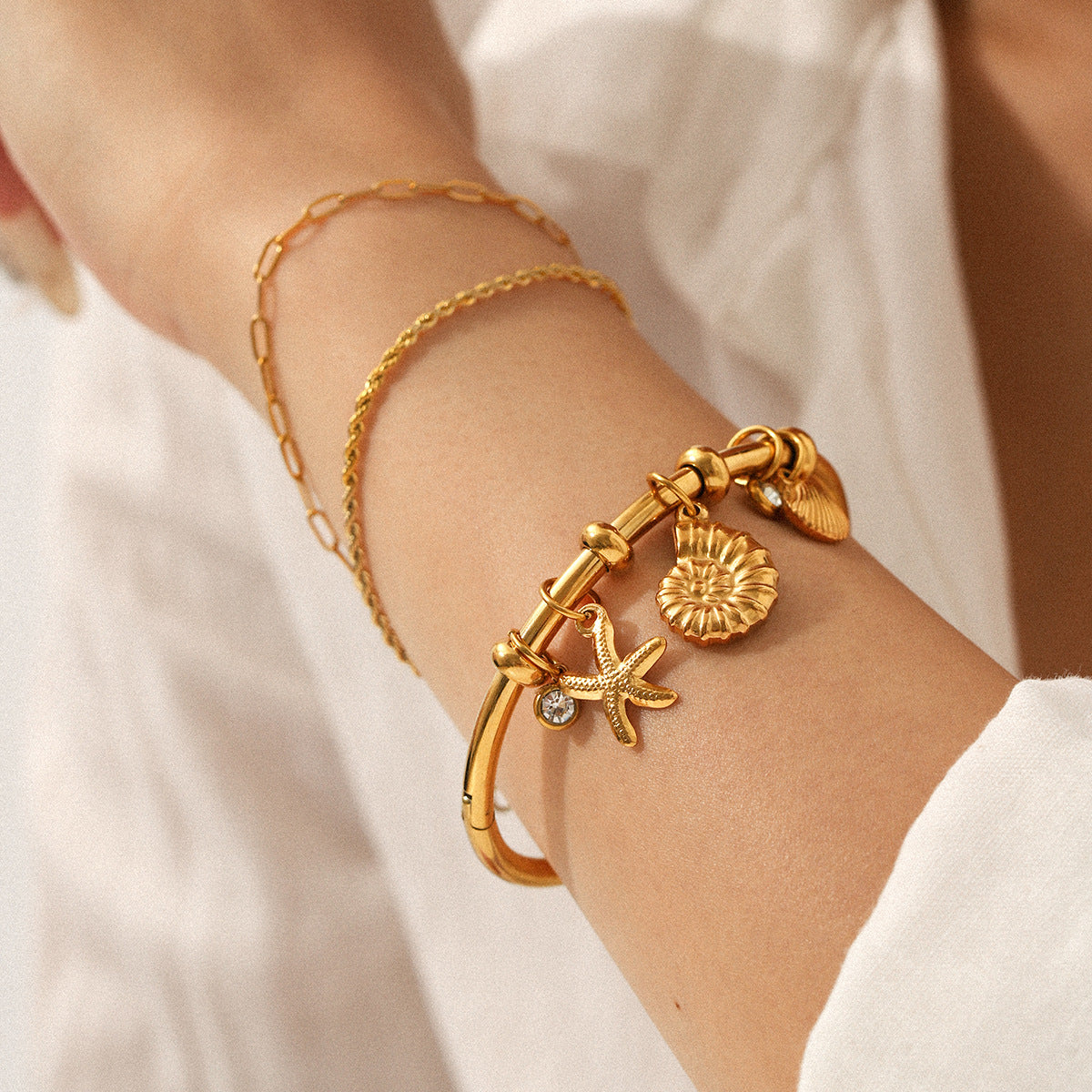 18K Gold-plated Stainless Steel Plain Bracelet, Starfish, Conch, Scallop DIY Accessories, Titanium Steel Bracelet for Women