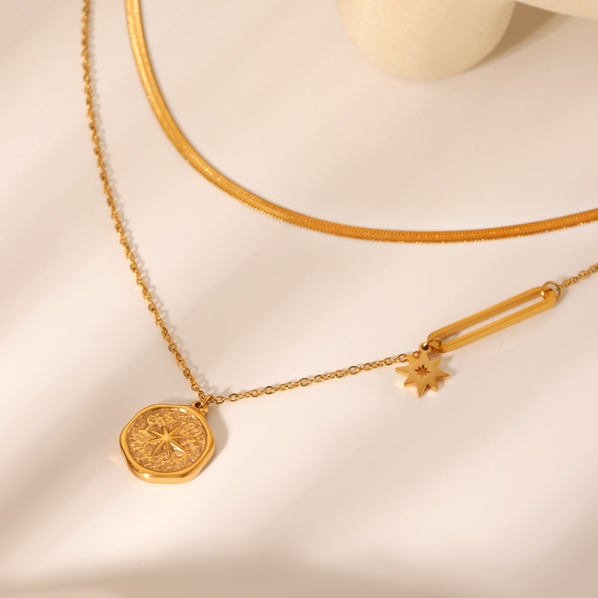 Double-layered Stainless Steel Necklace with Embossed Eight-pointed Star Pendant and Titanium Clavicle Chain