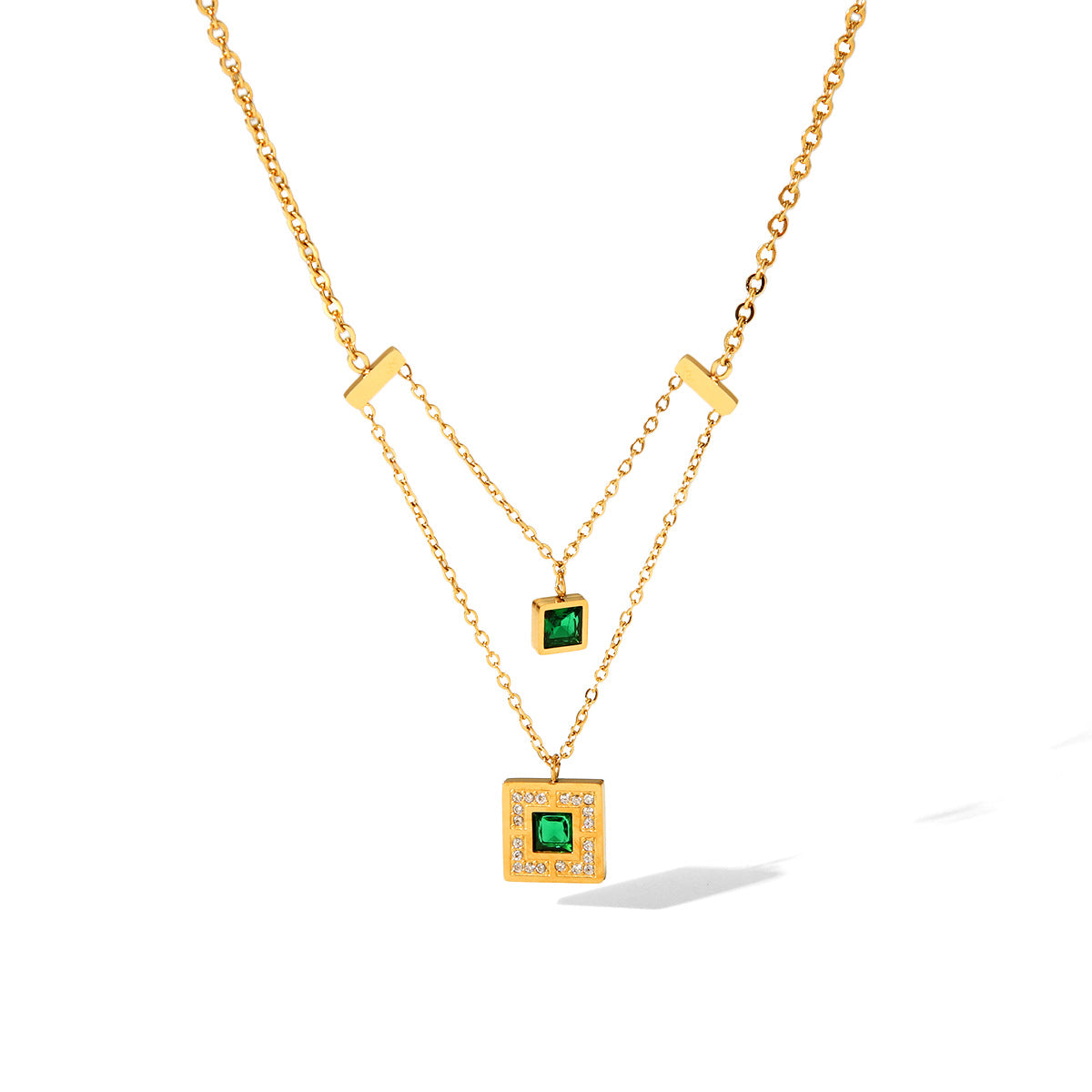 Non-fading Titanium Steel Necklace for Women, Inlaid with Emerald Zircon Cubes, Double-Layer Chain Necklace Accessory
