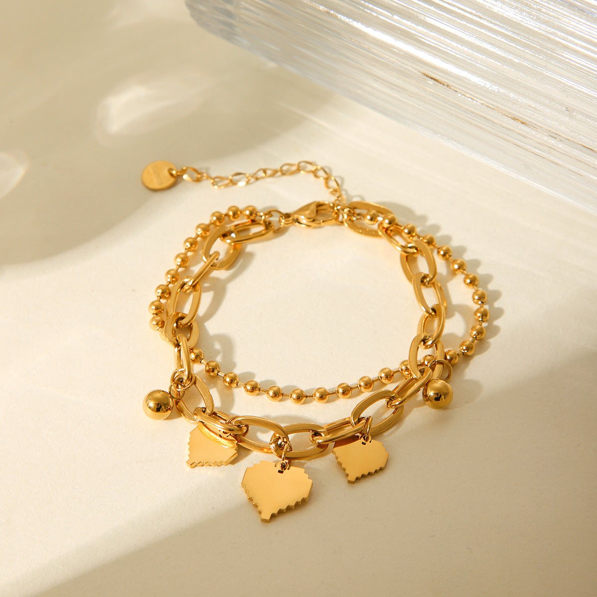 Love Gold Bean Pendant Double Layer Stacking Stainless Steel Bracelet Female Ins Indifferent Wind Round Bead Chain Jewelry