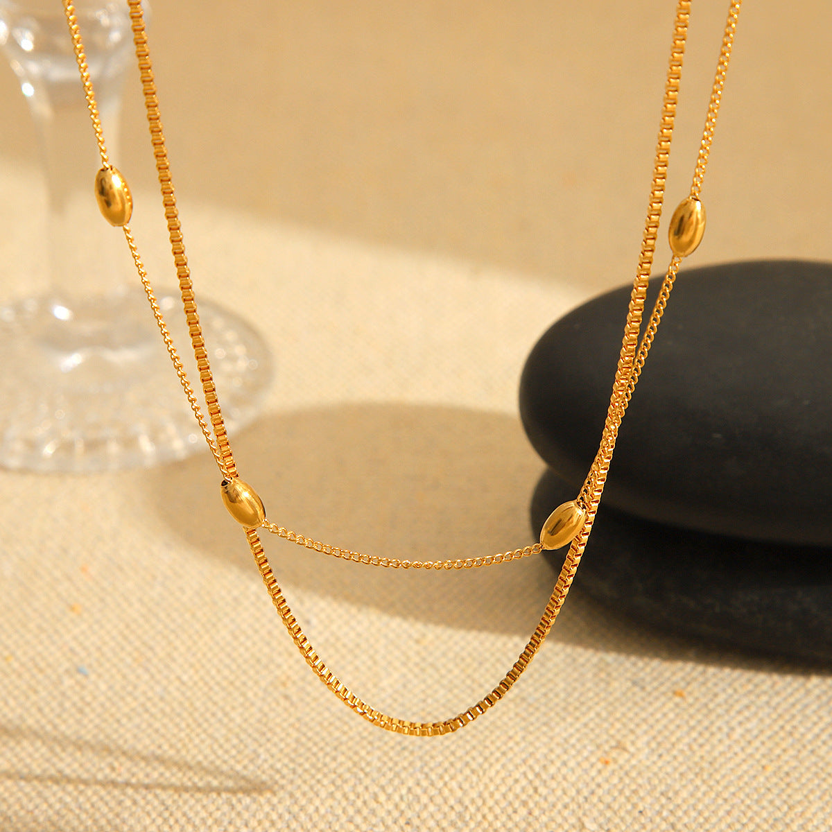 Fashionable and Personalized Trend 18K Gold-plated Stainless Steel Necklace Oval Bead Double-layer Necklace INS Internet Celebrity Necklace Female