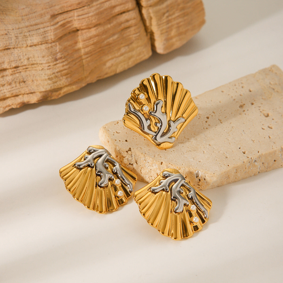 Stainless steel color-blocked ocean scenery surface coral pearl shell earrings design sense titanium steel earrings female