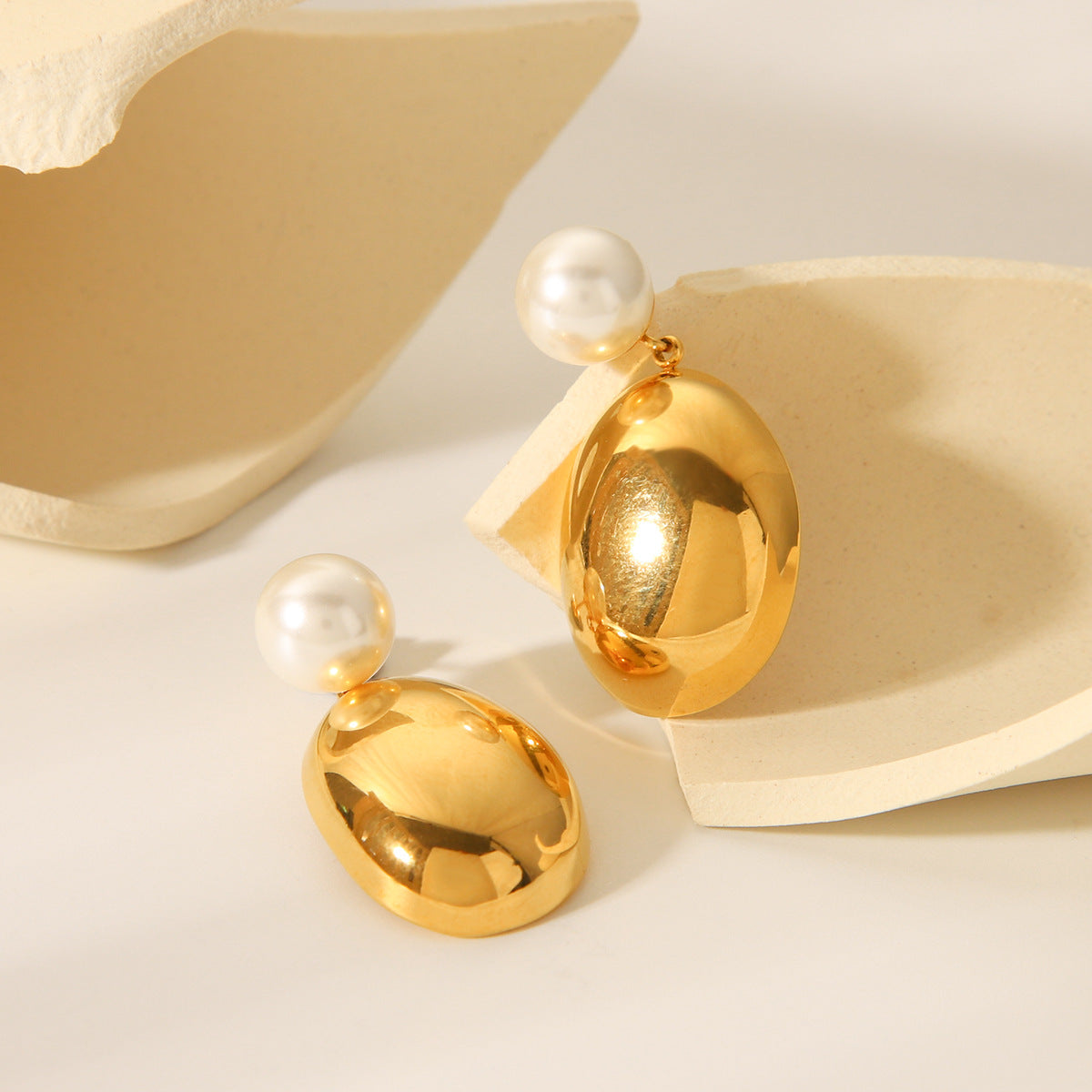 18k Gold Stainless Steel Earrings with Pearl Studs, Semi-circular Pendant, Titanium Steel Earrings