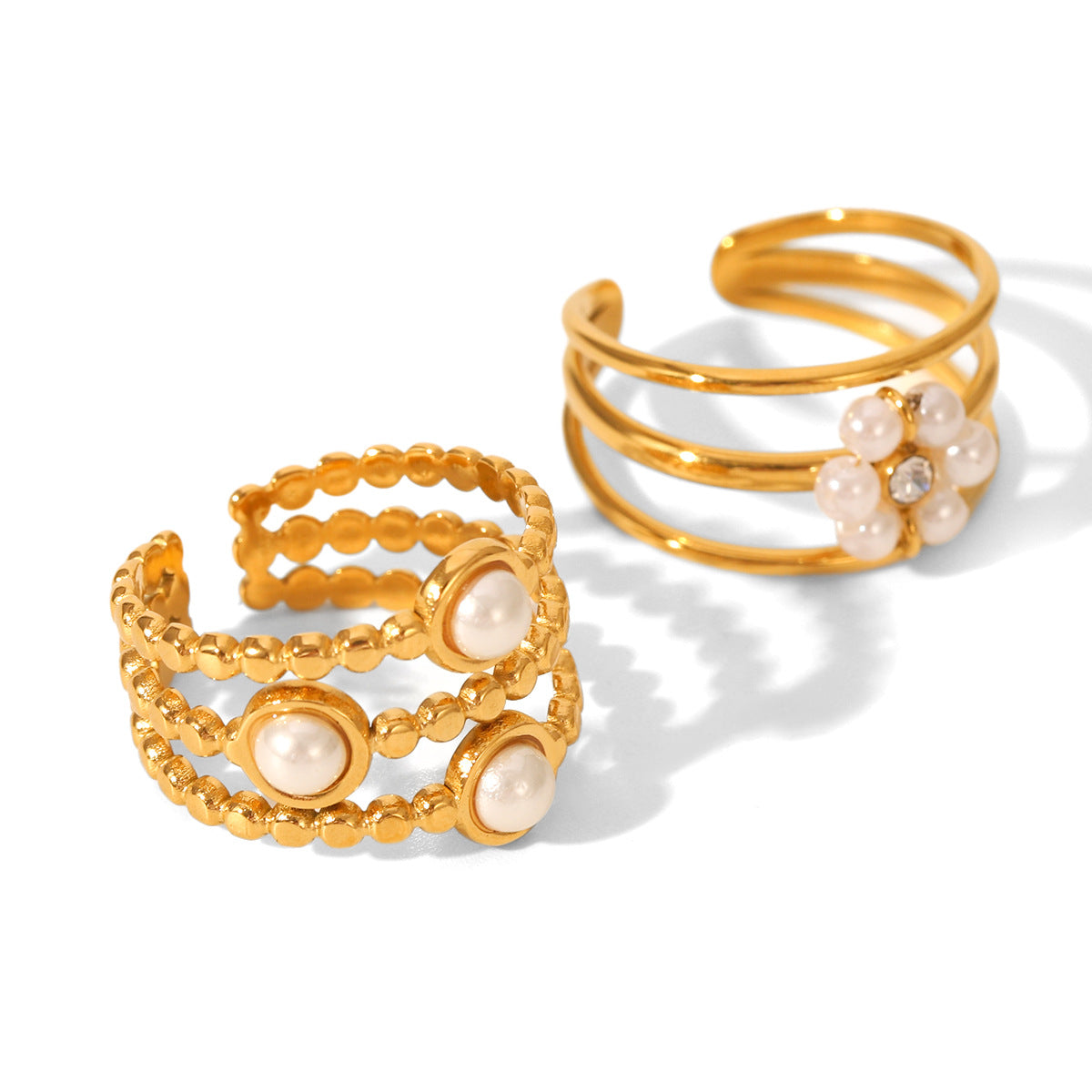 Design sense three-layer stainless steel open ring flower pearl finger ring female non-fading titanium steel jewelry