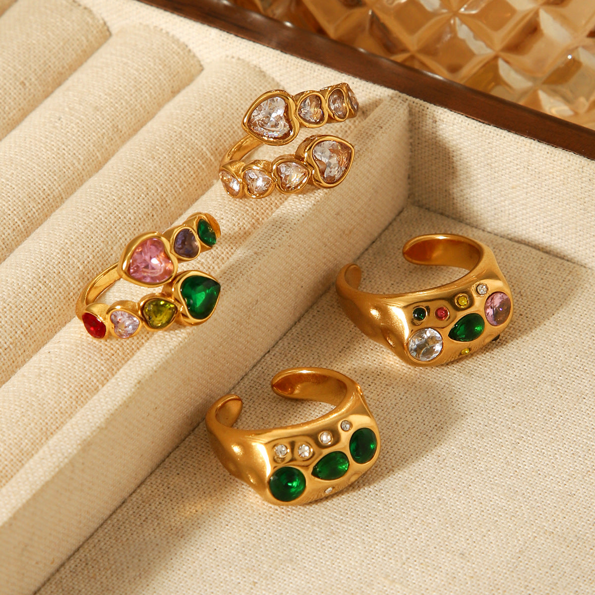 18k Gold Stainless Steel Ring Jewelry, Inlaid with Heart-shaped Zircon, Open-end Ring, Made of Titanium Steel, Non-fading Ring