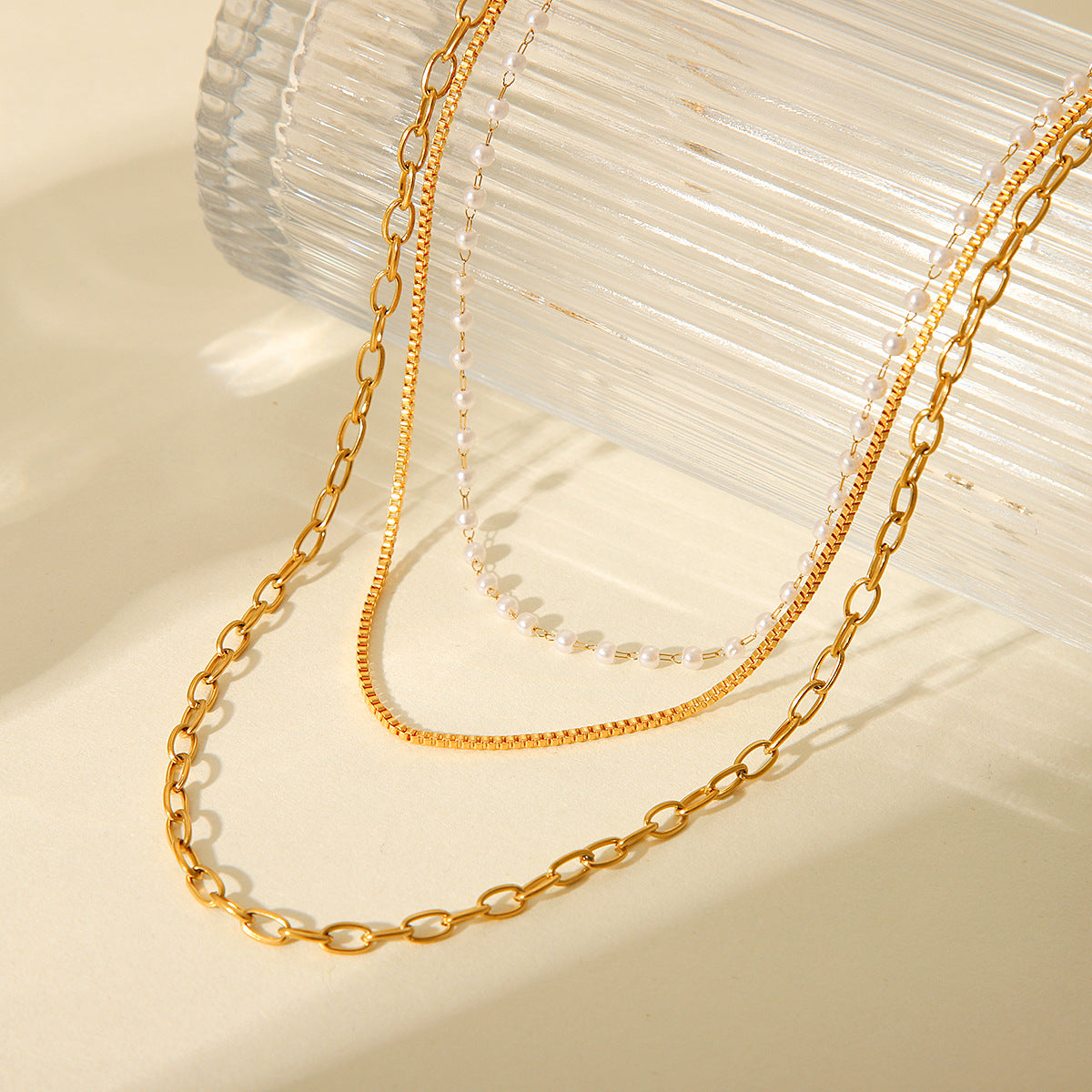 18K Gold Stainless Steel Three-layer Necklace Pearl Collar Chain Women's High-level Necklace