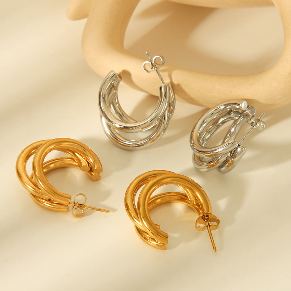 INS Three-layer Stainless Steel Gold-plated Earrings for Women, Light Luxury, High-end, Personalized, 18K Gold Temperament Earrings