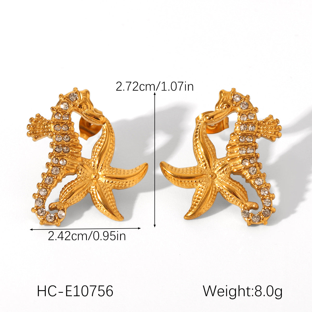 Ocean Wind Stainless Steel Diamond-encrusted Seahorse Earrings, Non-fading, Niche, High-end, Titanium Steel Starfish Earrings