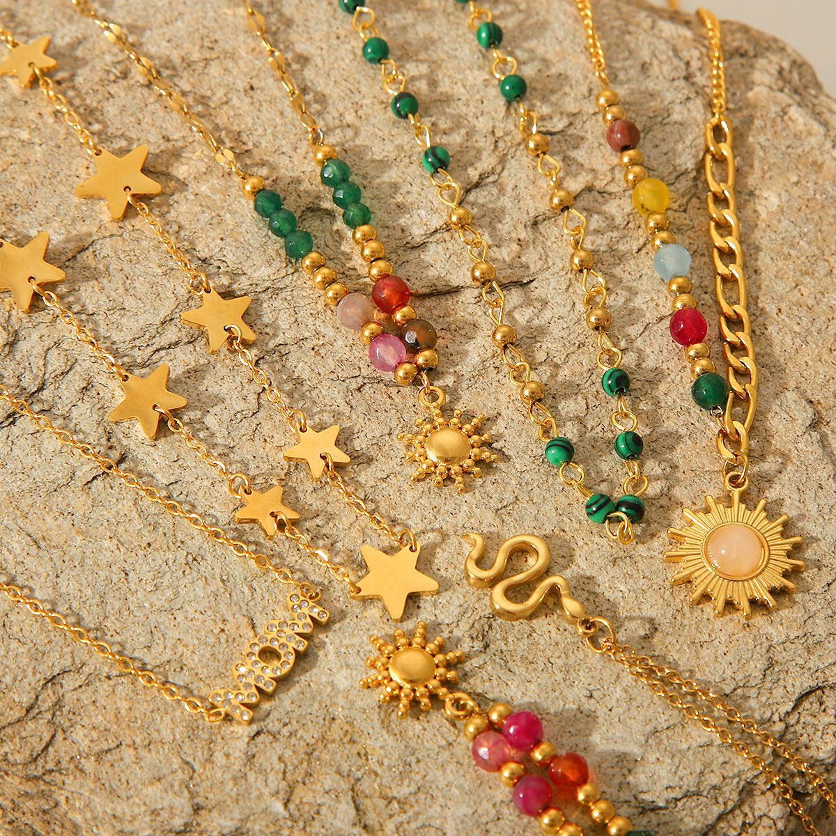 New Natural Stone Bead Titanium Steel Necklace, 18K Gold-plated Stainless Steel Sun Star Pendant Necklace for Women
