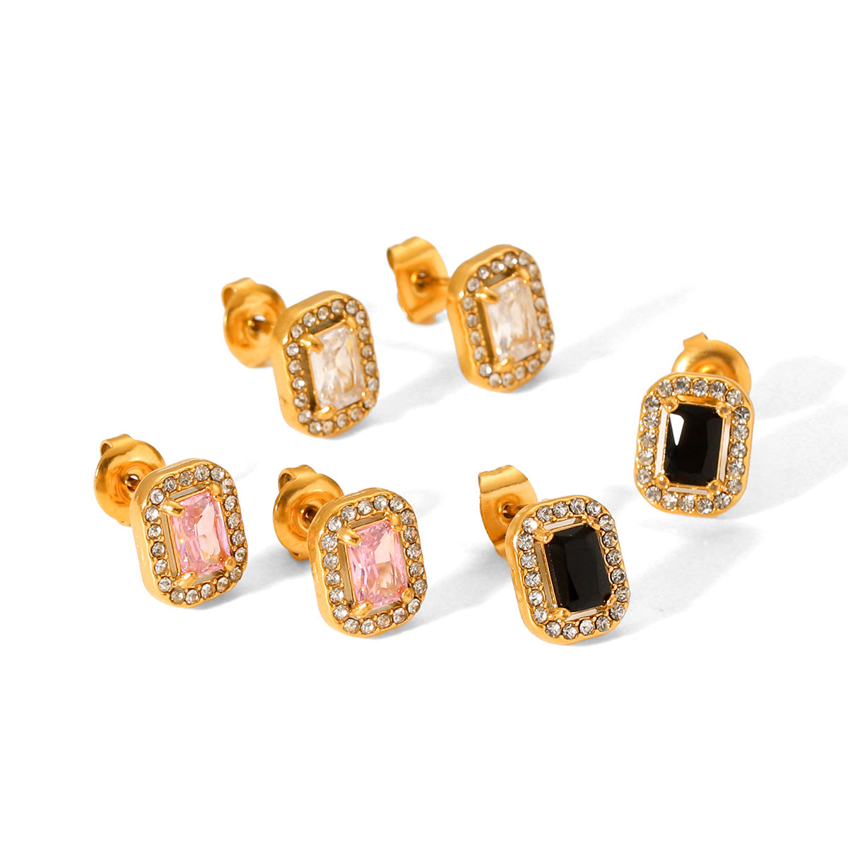 INS-style Fashionable Light Luxury Geometric Stainless Steel Stud Earrings with Zircon Inlay, 18k Gold Square Titanium Steel Earrings for Women