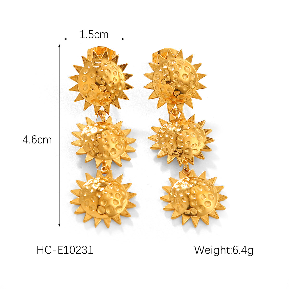 Personalized Trendy 18k Gold Stainless Steel Hammered Sunflower Pendant Earrings, High-end Ear Jewelry