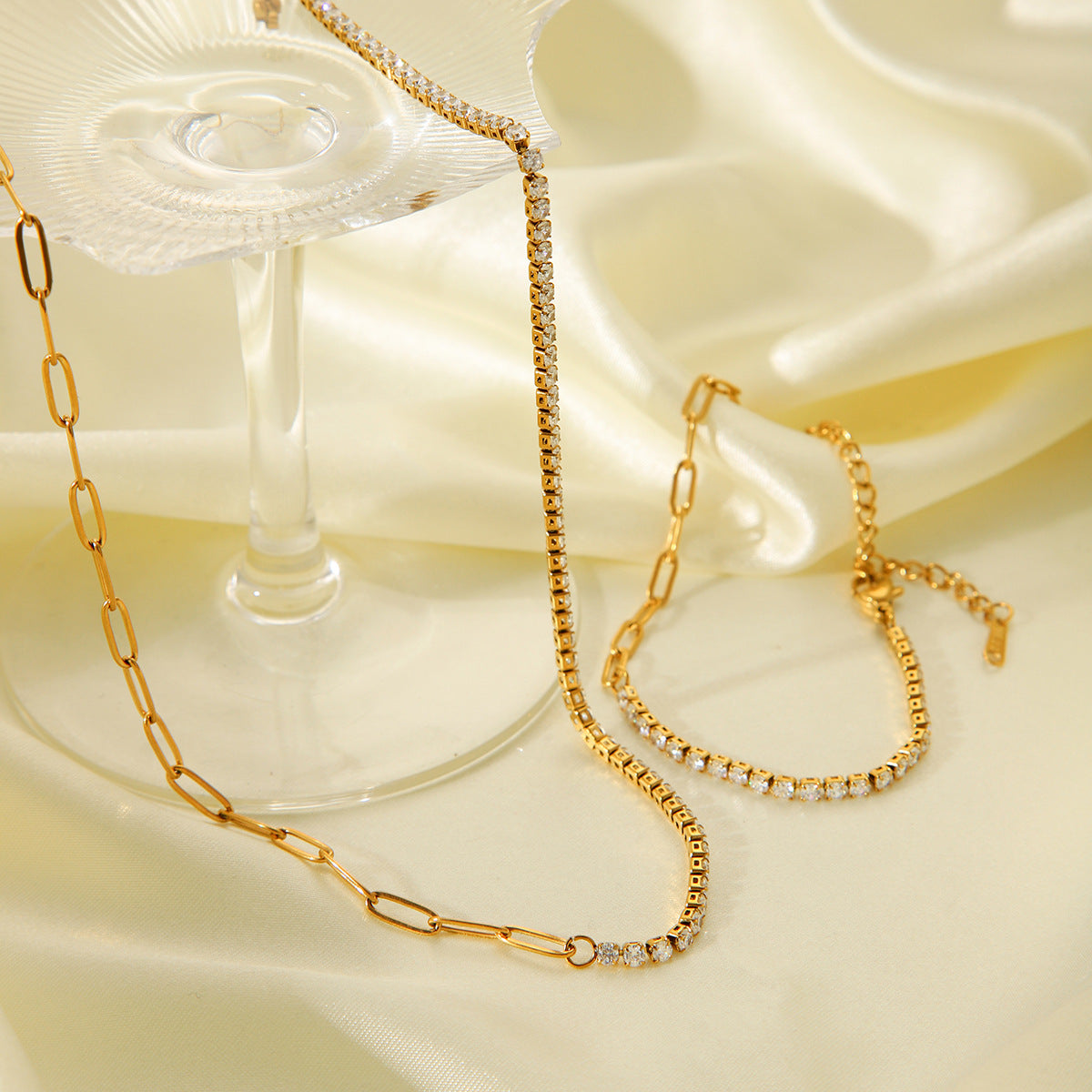 Stainless Steel Zircon Bracelet with INS Style, Light Luxury and High-end Feel, 18k Gold Titanium Steel Claw Chain Necklace, Does Not Fade