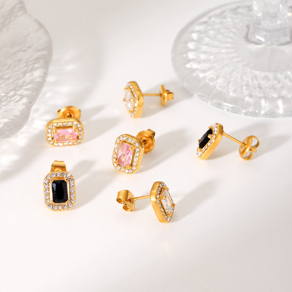 INS-style Fashionable Light Luxury Geometric Stainless Steel Stud Earrings with Zircon Inlay, 18k Gold Square Titanium Steel Earrings for Women