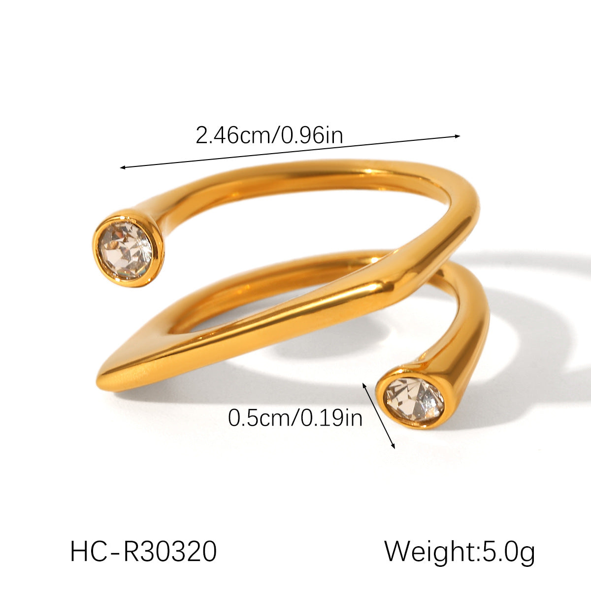 18K Gold Stainless Steel Open Ring Inlaid with Zircon, High-end, Non-fading, Finger Ring, Titanium Steel Jewelry
