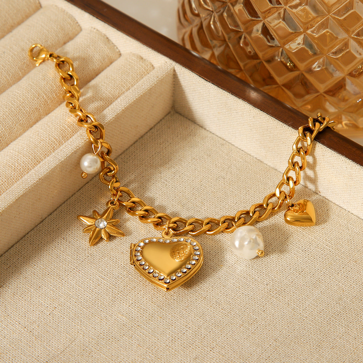 Ins-style Cuban Chain Diamond-encrusted Heart-shaped Eight-pointed Star Pendant Stainless Steel Bracelet Personalized Fashion Titanium Steel Jewelry