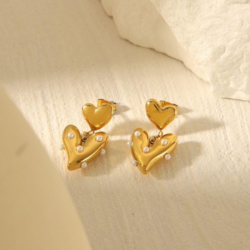 18k Gold-plated Stainless Steel Heart-shaped Earrings for Women, Fashionable and High-end, Heart-shaped Titanium Steel Pearl Earrings