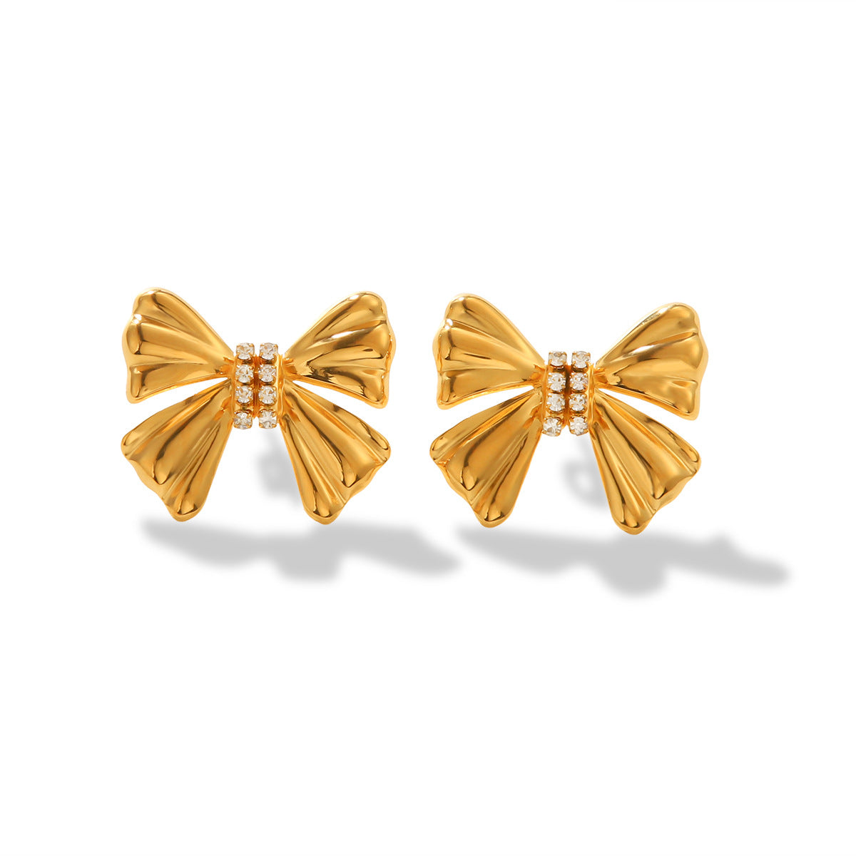 18K Gold Stainless Steel Bowknot Earrings with Diamond Studs, Women's Light Luxury Temperament, High-end Ear Jewelry