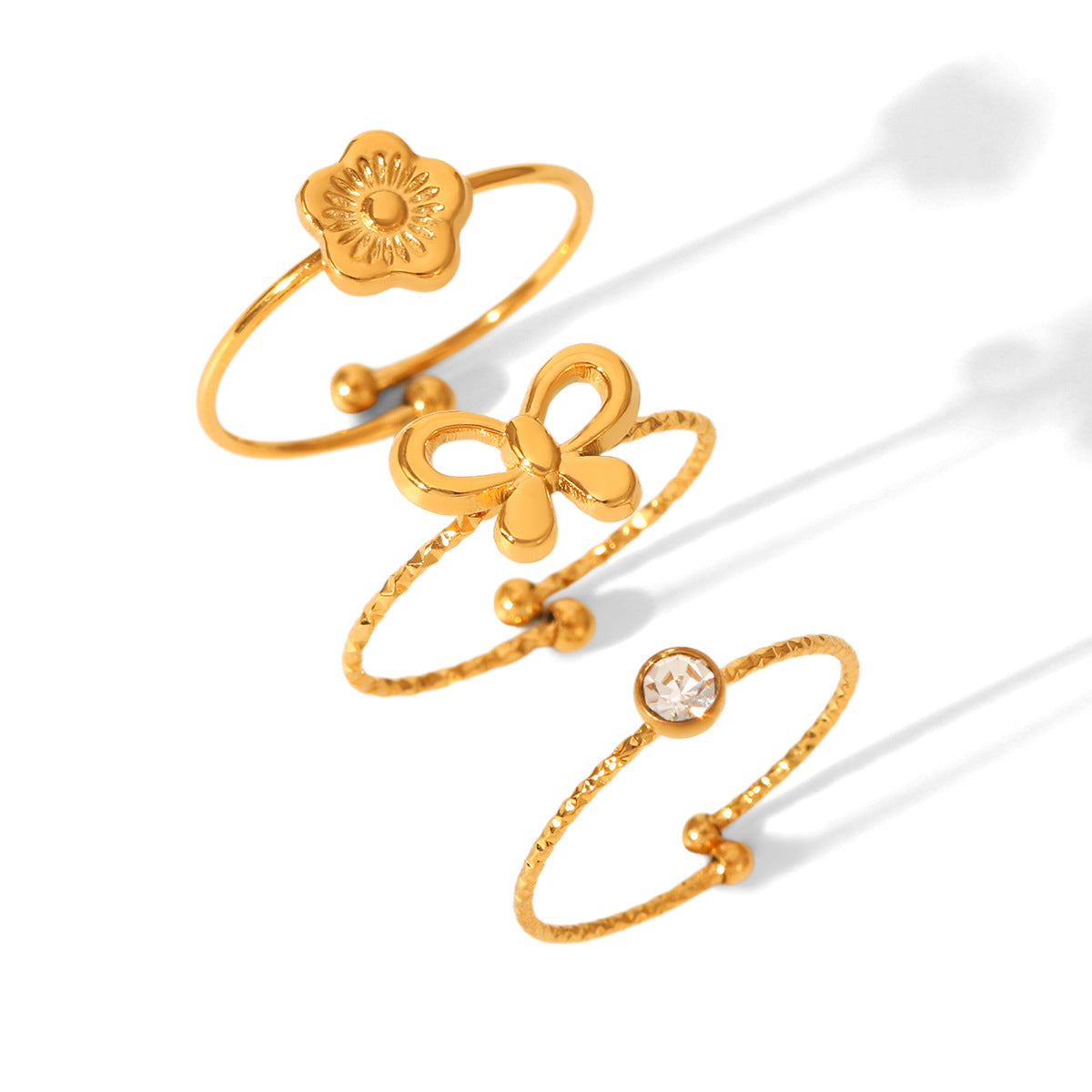 18K Gold-plated Stainless Steel Bowknot Flower-shaped Open Ring Set, Ins-style Zircon Ring for Women, Non-fading