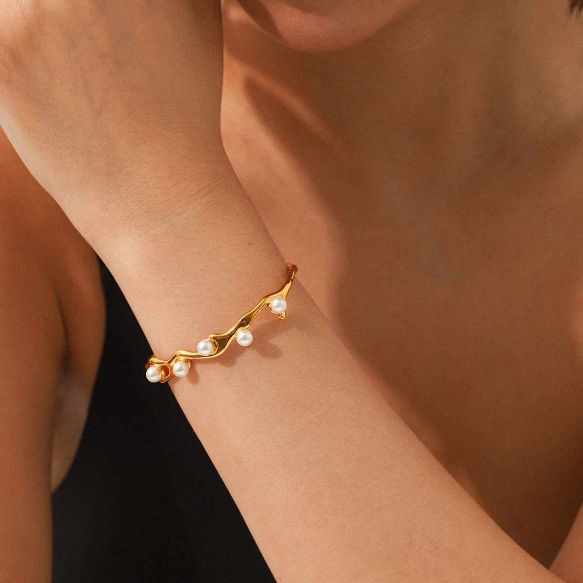Stainless Steel Bracelet, Irregular Design, Elegant and High-end Feel, Pearl Opening Bracelet, Non-fading, Titanium Steel Jewelry
