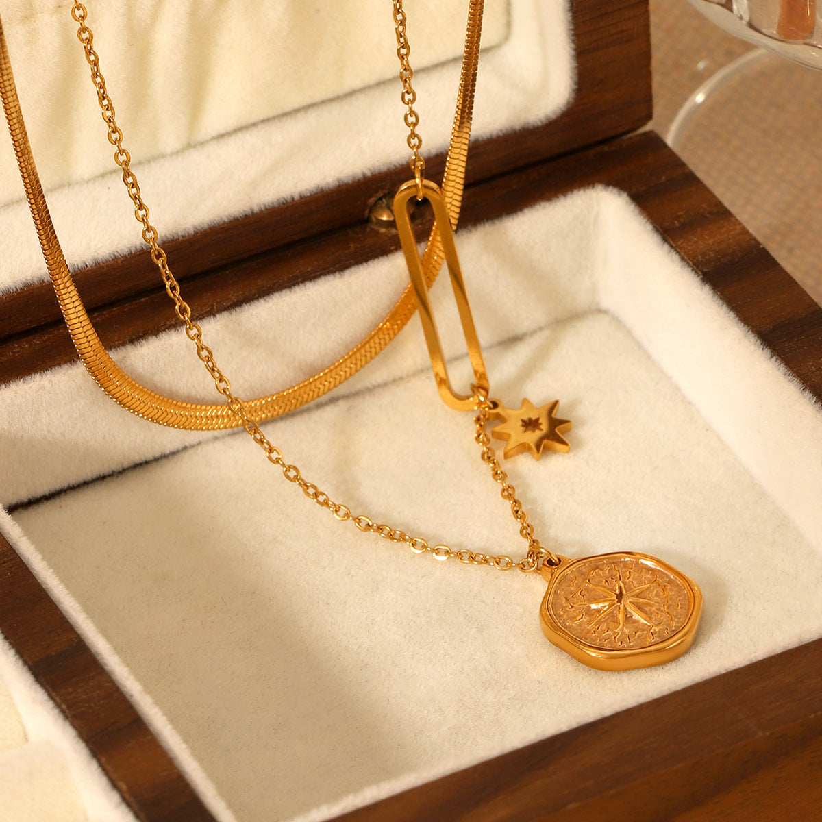 Double-layered Stainless Steel Necklace with Embossed Eight-pointed Star Pendant and Titanium Clavicle Chain