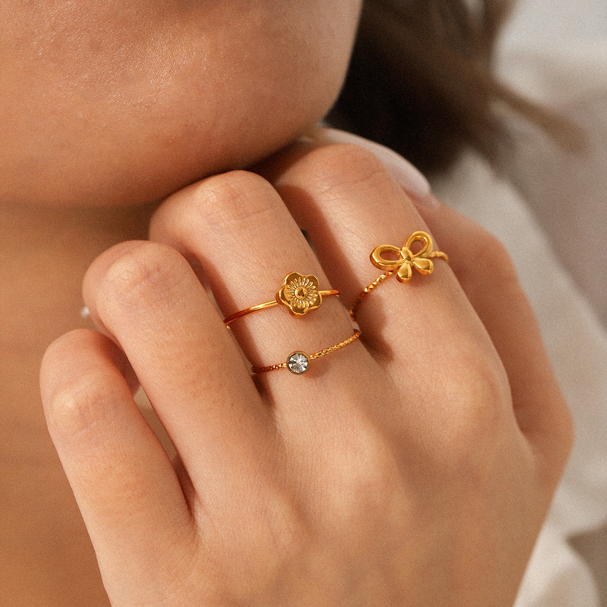 18K Gold-plated Stainless Steel Bowknot Flower-shaped Open Ring Set, Ins-style Zircon Ring for Women, Non-fading