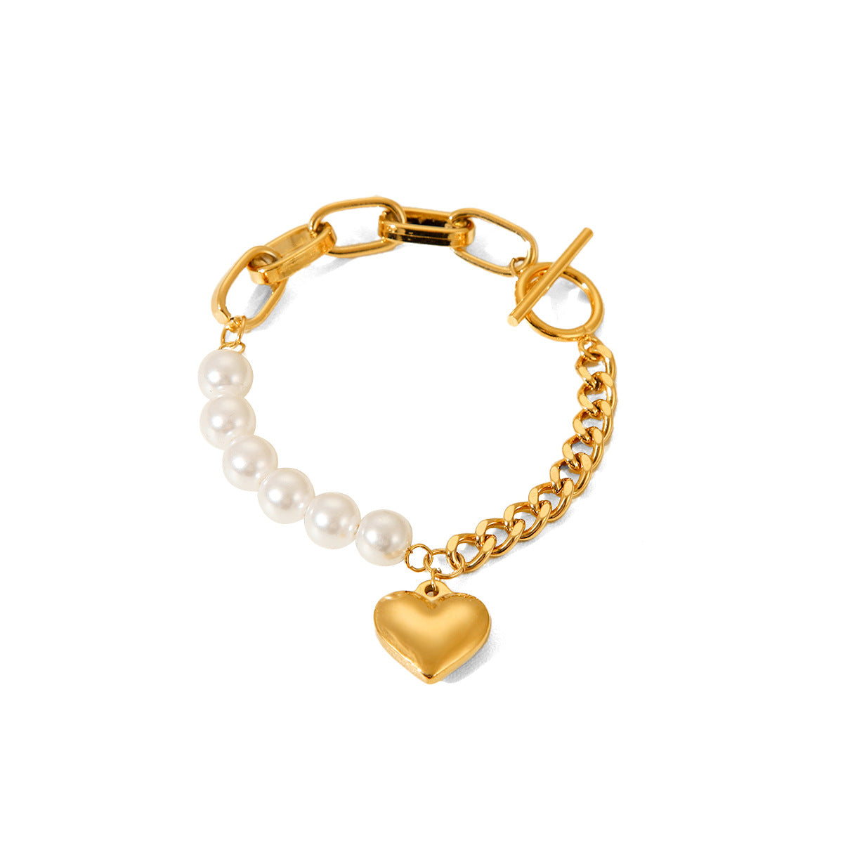 Ins Style Fashionable High-end Pearl Bracelet Women's Stainless Steel Heart Pendant Splicing Chain Titanium Steel Jewelry