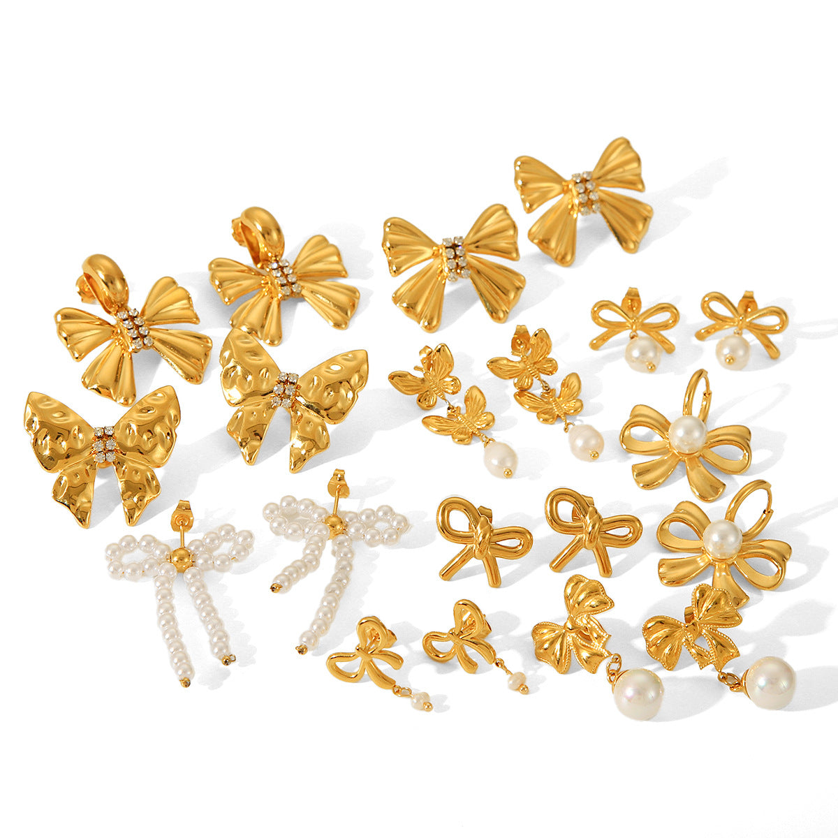INS-style Titanium Steel Bowknot Earrings, 18K Gold Stainless Steel Butterfly Pearl Earrings, High-end Ear Jewelry